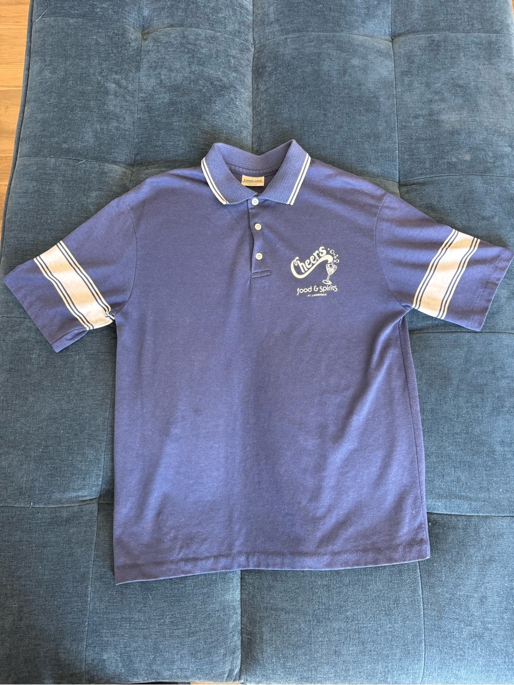 Vintage Cheers Print-Ons Navy Blue Polo with White Stripe Trim